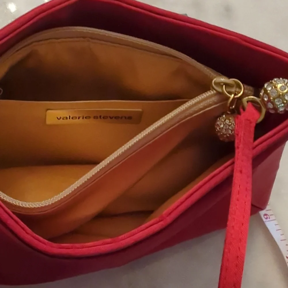 Vintage Valerie Stevens red satin Evening Bag With Jeweled Hardware - Picture 13 of 13